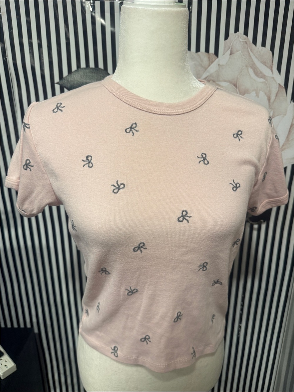 Women's Pink Short Sleeve Tee with Subtle Embroidered Motifs